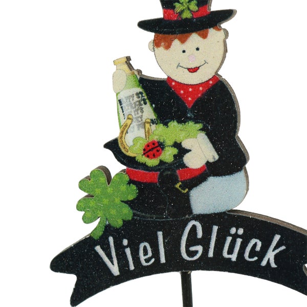 Glücksbringer Gartenstecker mit Schornsteinfeger und der Aufschrift Viel Glück