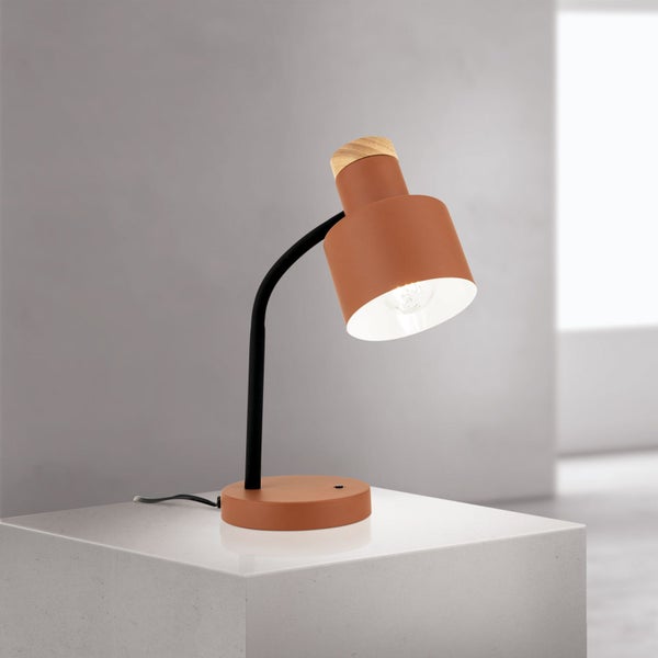 Tischleuchte mit Leuchtmittel, Lampenschirm und Holzdetails