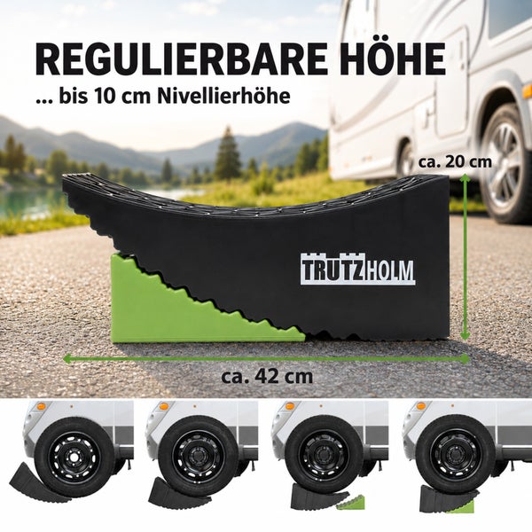 Trutzholm Stufenkeil-Set für Wohnmobile, circa 42 Zentimeter lang und 20 Zentimeter hoch, regulierbare Nivellierhöhe bis 10 Zentimeter.