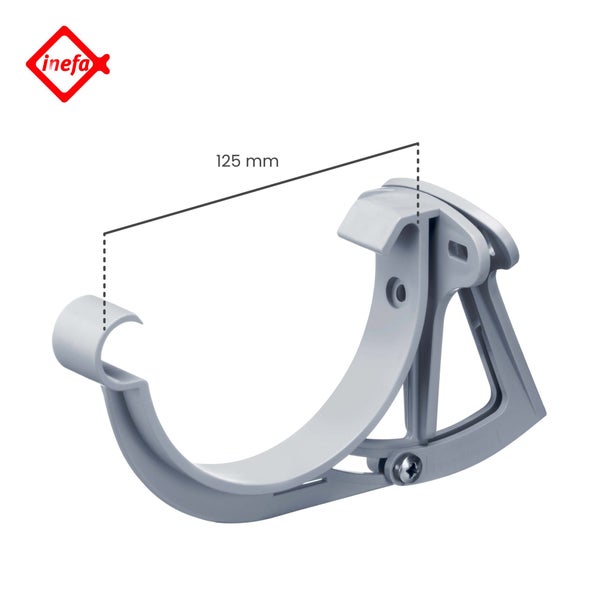 Inefa verstellbarer Rinnenhalter aus Kunststoff für Dachrinnen mit 125 Millimeter Nenngröße. Inefa Logo.