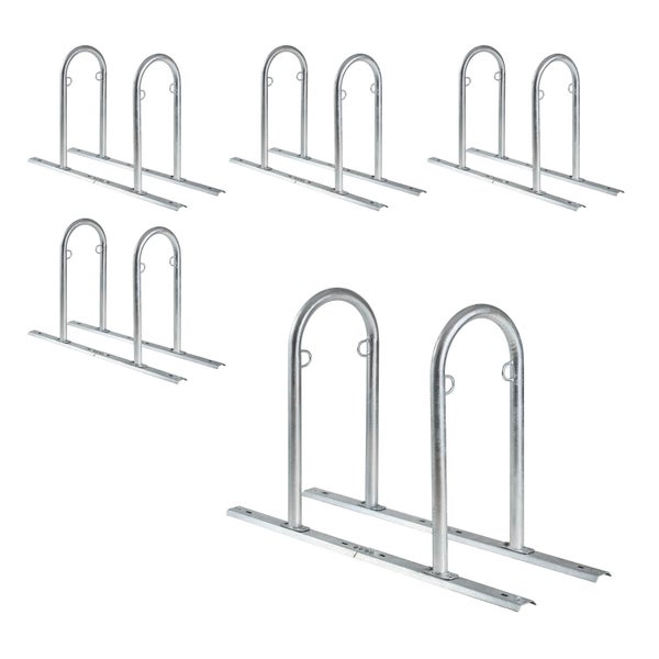 Fahrradständer-Set aus verzinktem Stahl für Bodenmontage mit mehreren bogenförmigen Haltebügeln.