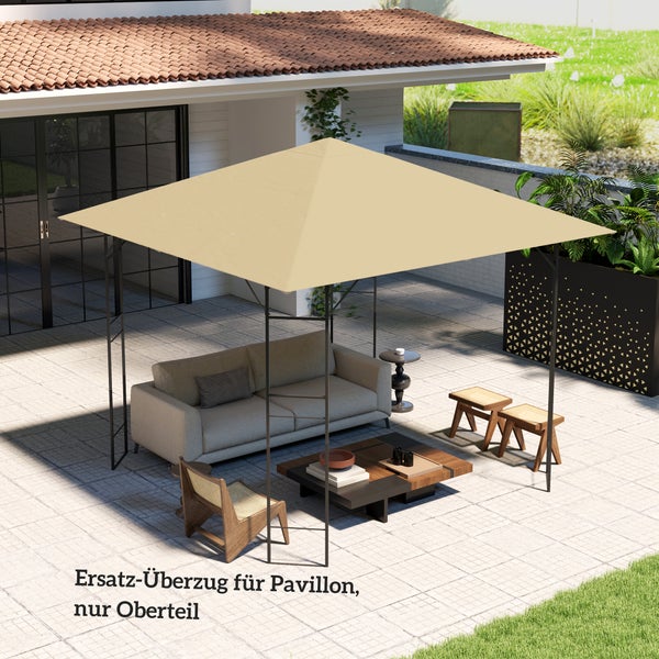 Ersatz-Überzug für das Oberteil eines Pavillons auf einer hellen Terrasse mit modernen Gartenmöbeln wie Sofa und Couchtisch.