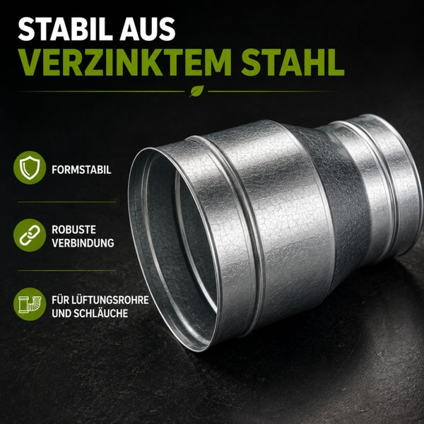 Reduzierstück aus verzinktem Stahl für Lüftungsrohre und Schläuche, formstabil mit robuster Verbindung.