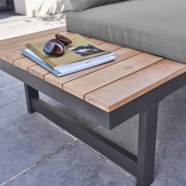 Modernes Garten-Lounge-Sofa mit grauen Polstern, einer beigen Decke und Beistelltischen aus Holz auf einer Terrasse.