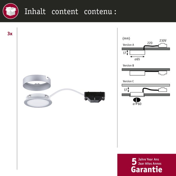 Set aus 3 LED-Möbelleuchten mit technischen Zeichnungen, Maßen von 65 mal 17 Millimeter, Einbauloch 60 Millimeter und 5 Jahren Garantie.
