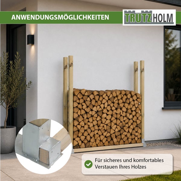 Trutzholm Kaminholzregal aus Holz mit Metallverbinder für die Außenwand zur ordentlichen Lagerung von Brennholz auf der Terrasse.