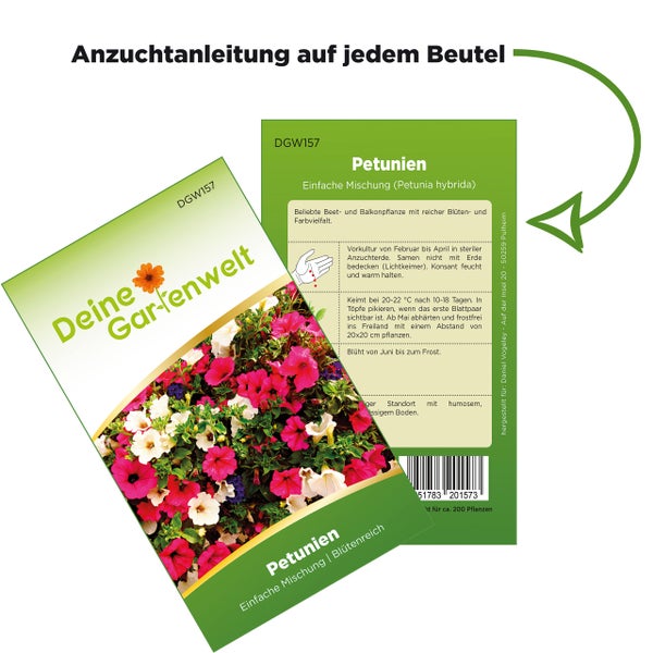 Samenpackung Petunien einfache Mischung von Deine Gartenwelt mit Anzuchtanleitung auf jedem Beutel.
