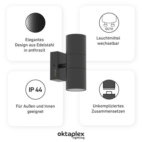 Oktaplex Chile Wandleuchte Außen Edelstahl 2xGU10 Fassung Außenlampe anthrazit