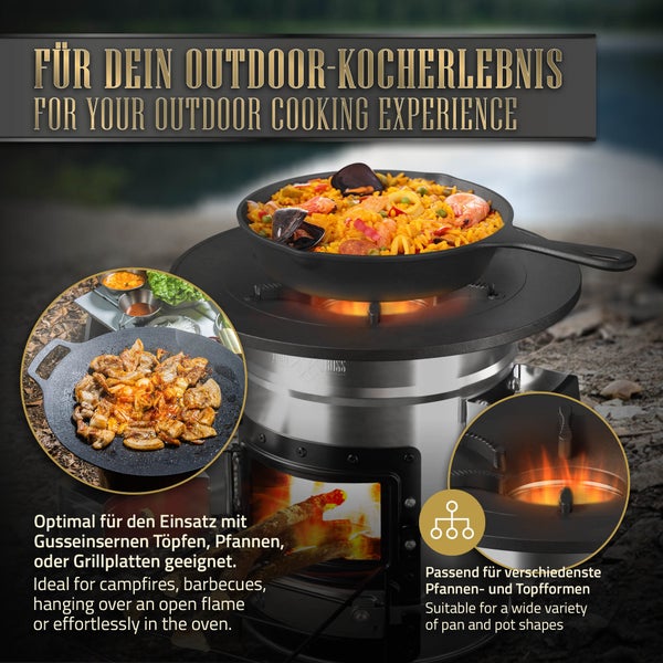 BBQ#BOSS Raketenofen mit Grillpfanne & Tragetasche, Silber, Campingkocher Holz mit Brennholzständer, Doppeltür, Camping BBQ Holzofen zum Kochen, Outdoor-Küche, Raketenherd für Dutch Oven, Campinggrill