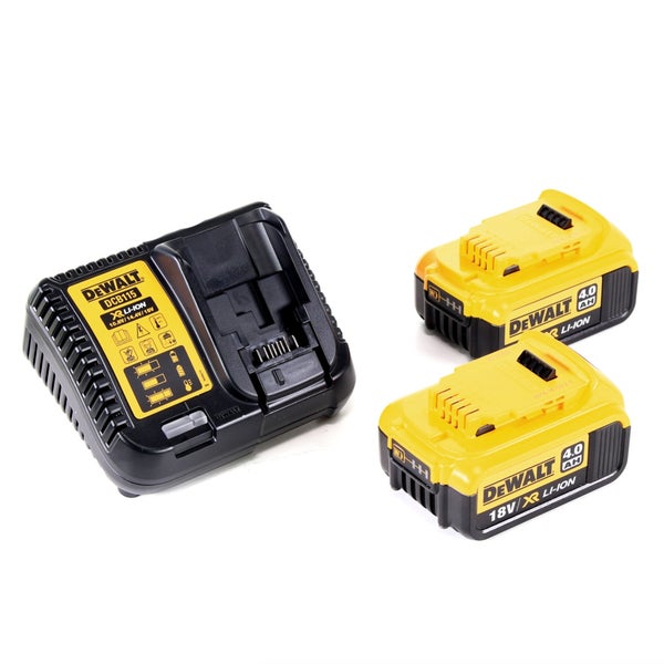 DeWalt Akku-Starter-Set bestehend aus einem Ladegerät und zwei 18 Volt Lithium-Ionen-Akkus mit 4,0 Amperestunden.