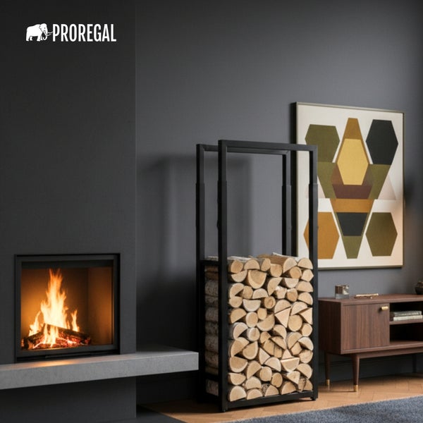 Proregal Logo über einem schwarzen Kaminholzregal aus Metall mit Holzscheiten neben einem brennenden Kamin in einem modernen Wohnzimmer.