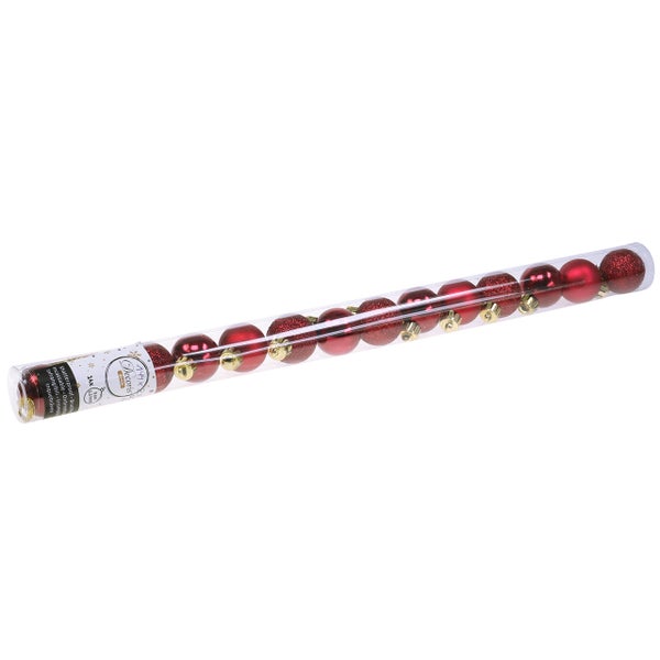 Set aus bruchsicheren, roten Weihnachtskugeln in transparenter Verpackung