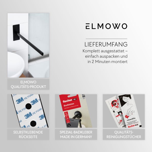 ELMOWO Badezimmerzubehör mit Fischer Badkleber und Montagezubehör zur schnellen und einfachen Befestigung an Fliesen.