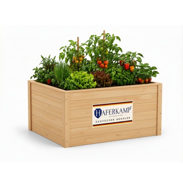 Haferkamp Hochbeet aus Holz, bepflanzt mit Tomaten, Salat und Kräutern.