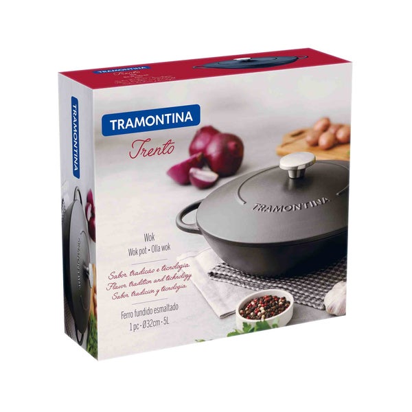 Verpackung eines Tramontina Trento Wok mit einem Durchmesser von 32 cm und einem Fassungsvermögen von 5 Litern