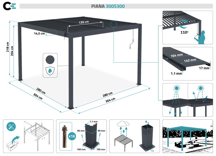 Pergola bioklimatisch aus grauem Aluminium PIANA 3x3m selbsttragende