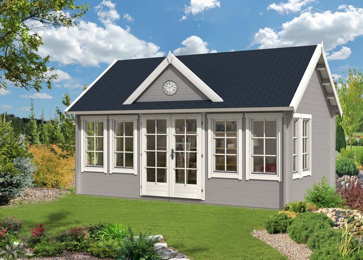 Gartenhaus aus Holz mit Fenstern und Doppeltür