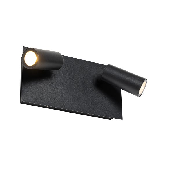 Zweiflammige Wandleuchte in Schwarz mit zwei verstellbaren zylindrischen Spotlights aus Metall.
