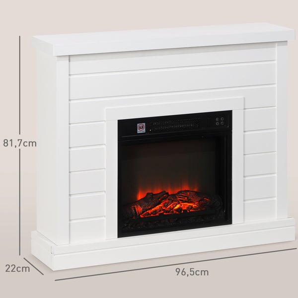 Weißer Elektrokamin mit Holzpaneel-Optik und Flammeneffekt. Breite 96,5 Zentimeter, Höhe 81,7 Zentimeter, Tiefe 22 Zentimeter.