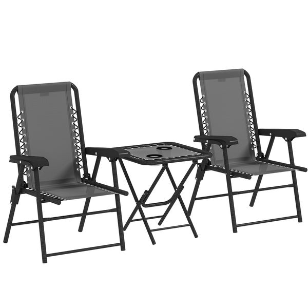 Dreiteiliges Gartenmöbel-Set mit zwei klappbaren Gartenstühlen und einem Beistelltisch mit Glasplatte und integrierten Getränkehaltern.
