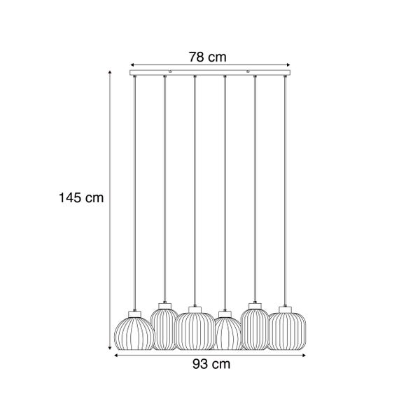 Maßzeichnung einer Pendelleuchte mit 6 Flammen: Höhe 145 Zentimeter, Breite 93 Zentimeter und Baldachinbreite 78 Zentimeter.