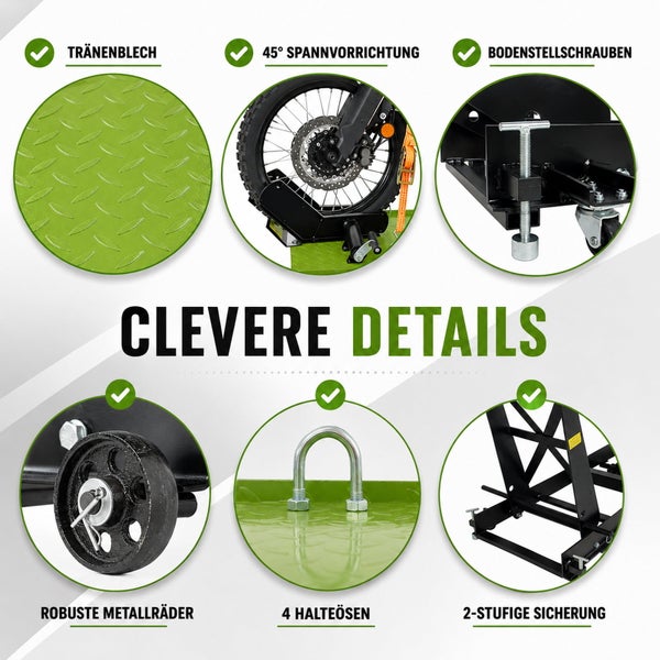 Produktdetails einer Motorradhebebühne: Tränenblech, 45 Grad Spannvorrichtung, Bodenstellschrauben, robuste Metallräder, 4 Halteösen und 2-stufige Sicherung.