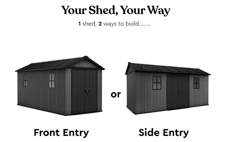 Graues Gartenhaus mit zwei Aufbaumöglichkeiten: Fronteingang oder Seiteneingang.