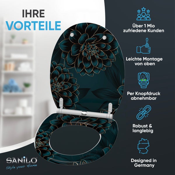 Sanilo WC-Sitz mit Blumenmuster, Sanilo Logo. Merkmale: Montage von oben, abnehmbar per Knopfdruck, robust, langlebig und Design in Deutschland.