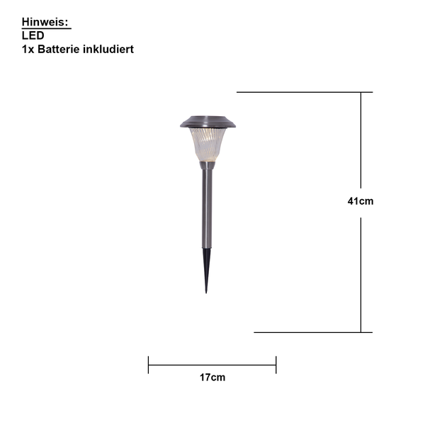 Abmessungen einer LED Solarleuchte mit Batterie, Höhe 41 cm, Breite 17 cm