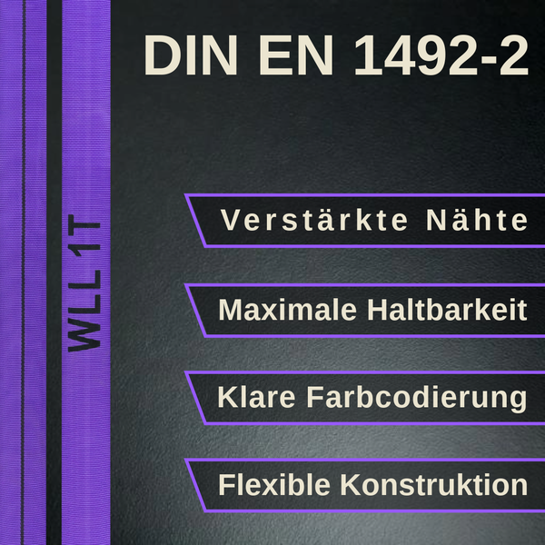 Hebegurt nach DIN EN 1492-2 mit 1 Tonne Tragfähigkeit, verstärkten Nähten, maximaler Haltbarkeit, klarer Farbcodierung und flexibler Konstruktion.