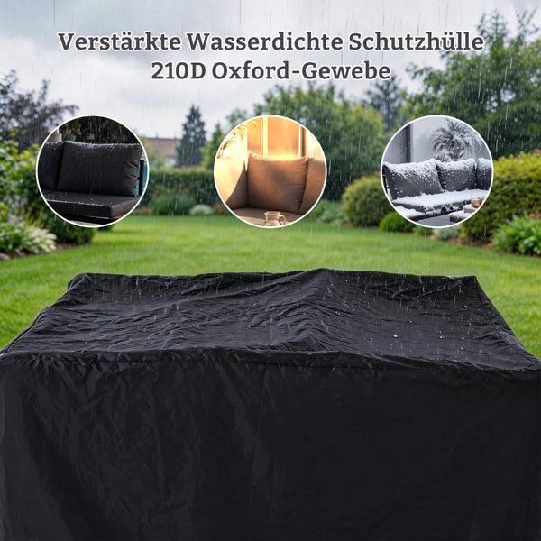 Wasserdichte Schutzhülle aus 210D Oxford-Gewebe für Gartenmöbel, zeigt Schutzwirkung gegen Regen, Sonne und Schnee im Garten.