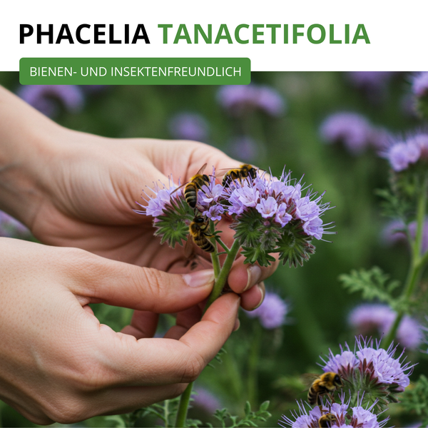 Phacelia tanacetifolia, bienen- und insektenfreundliche Blühpflanze, Hände halten eine Büschelschön mit Bienen auf den Blüten.