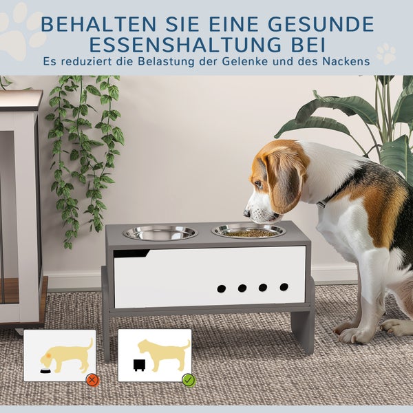 PawHut Hundenapf erhöht, 3 Stufig Höhenverstellbar Futternapf für Hunde mit Stauraum, Anti-Schling-Matte, Fressnapf mit 2 x 2L Edelstahl-Schüsseln, für mittelgroße bis extra große Hunde, Grau