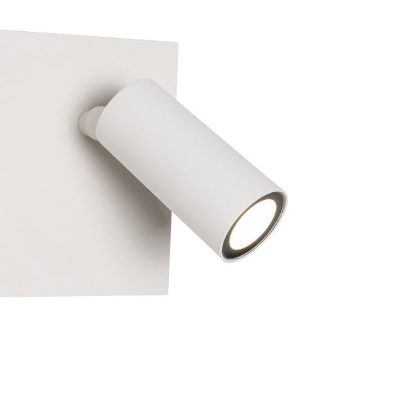 Wandstrahler in Weiß mit zylinderförmigem, verstellbarem Leuchtenkopf auf quadratischer Grundplatte.