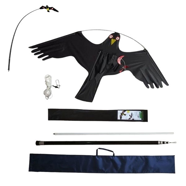 Vogelscheuche Komplettset mit Drachen in Form eines Vogels, Teleskopstange und Transporttasche