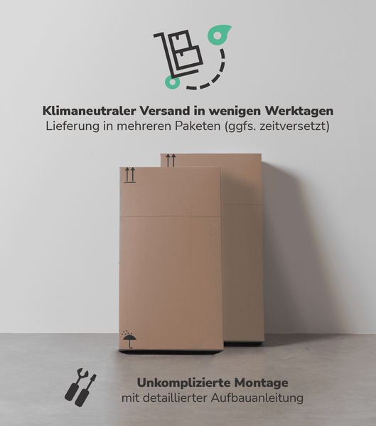 Klimaneutraler Versand in mehreren Paketen und unkomplizierte Montage mit detaillierter Aufbauanleitung.