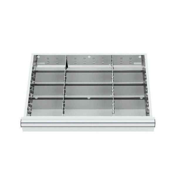 Schubladeneinteilung aus Metall mit zwölf Fächern zur Werkzeugorganisation.