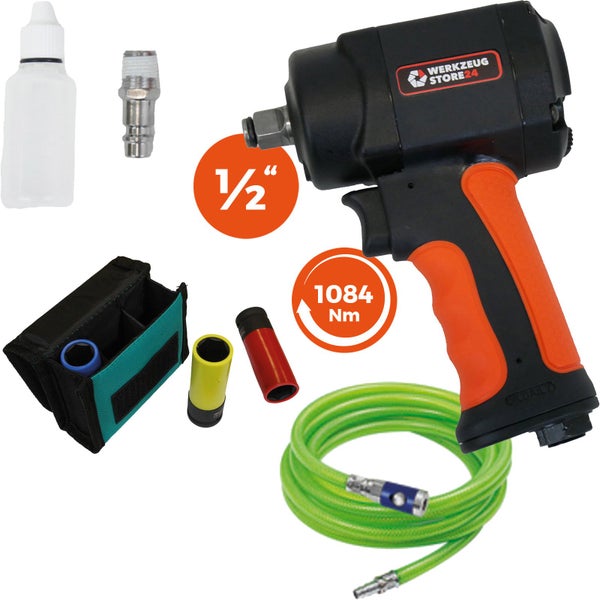 WS24 Druckluft-Schlagschrauber 1/2 mini + PVC-Schlauch leuchtgrün + Steckschlüsselsatz