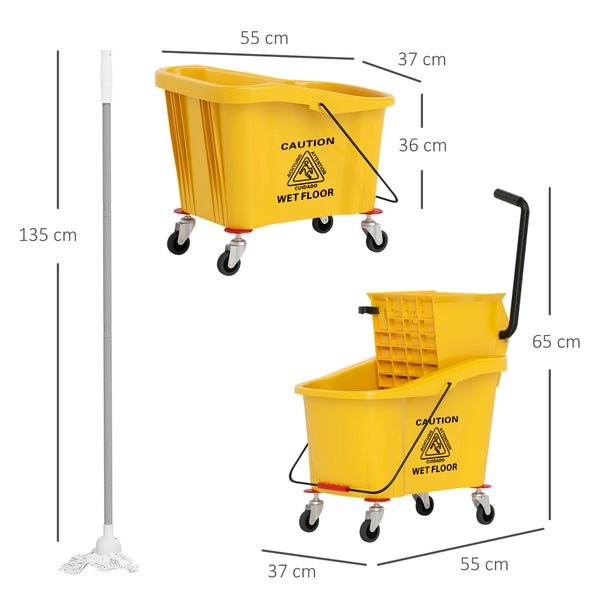 HOMCOM Putzwagen Reinigungswagen 36 Liter Eimer mit Presse, Haushaltswagen mit Mopp und Griff für Gebäudereinigung, Büroreinigung Gelb