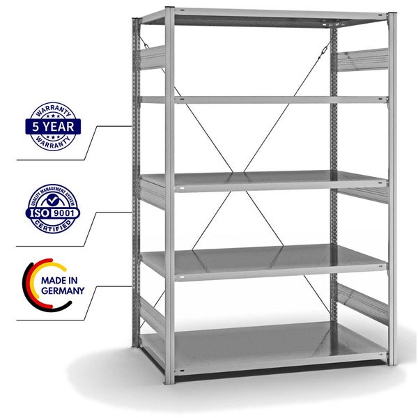PROREGAL Fachbodenregal Stecksystem T-Profil Heavy-Duty Grundregal HxBxT 200 x 130 x 80 cm 5 Ebenen Fachlast 330 kg Einseitig Nutzbar Verzinkt