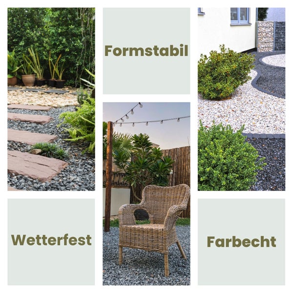 Collage mit Gartenwegen, Kies, Pflanzen und den Hinweisen formstabil, wetterfest und farbecht
