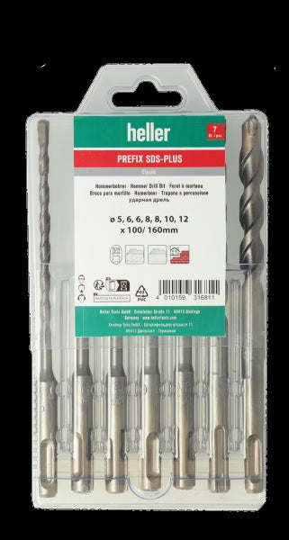 Heller SDS-plus Hammerbohrer-Set Prefix, 7-teilig, Durchmesser 5 bis 12 Millimeter, Länge 100 bis 160 Millimeter.