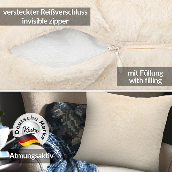 Dekokissen aus Kunstfell mit Füllung und verdecktem Reißverschluss. Atmungsaktives Material. Kisska Logo.