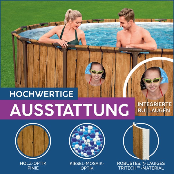 Aufstellpool in Holzoptik Pinie mit integrierten Bullaugen, Kiesel-Mosaik-Optik und robustem dreilagigem TriTech-Material.
