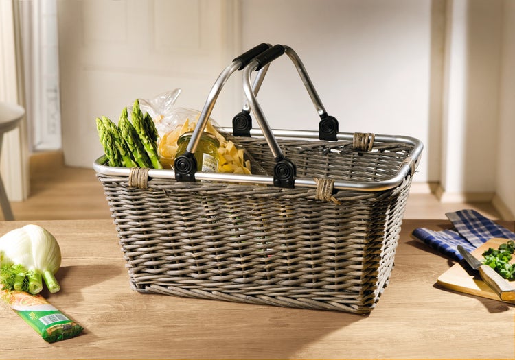 FRANK FLECHTWAREN | Einkaufskorb Shopping, grau gekalkt, WEIDE, 46 x 28 x 22 cm, GH 38 cm