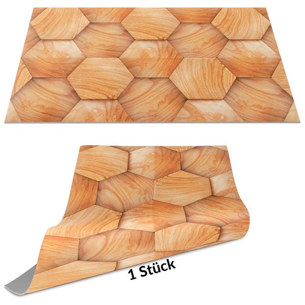 Selbstklebende Küchenrückwand in 3D-Optik mit hexagonalem Holzdekor, 1 Stück.