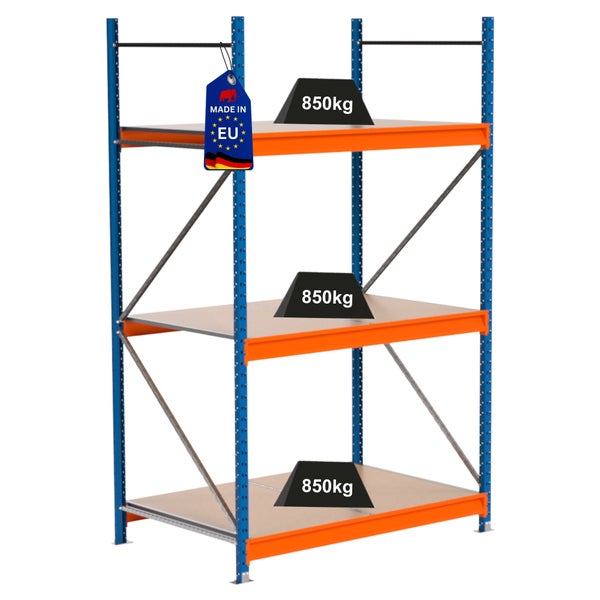 Industrieregal mit drei Ebenen und einer Traglast von 850 Kilogramm pro Ebene