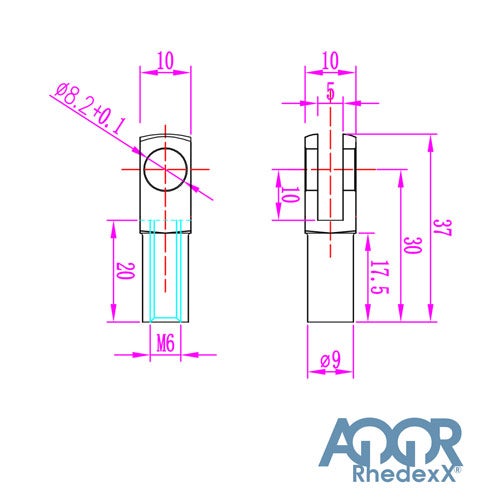 Technische Zeichnung eines Gabelkopfs mit M6-Gewinde und Maßangaben in Millimeter sowie AQOR Rhedexx Logo.