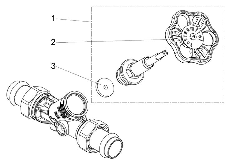 Explosionszeichnung eines Schrägsitzventils mit Ersatzteilen wie Handrad, Ventiloberteil und Dichtung.