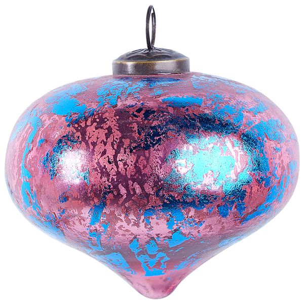 Christbaumkugel aus Glas in Tropfenform mit antikem Finish in Pink und Blau.